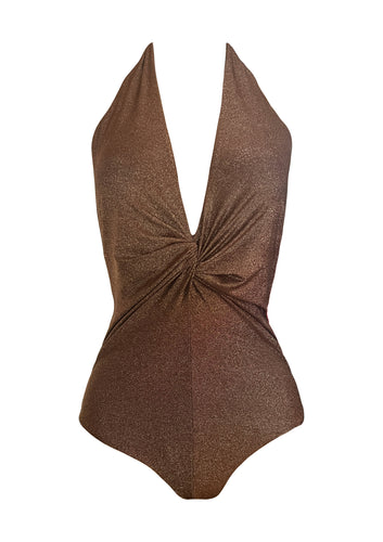 Golden Nougat Deep Plung Front Twist Einteiler. (keine Polsterung)
