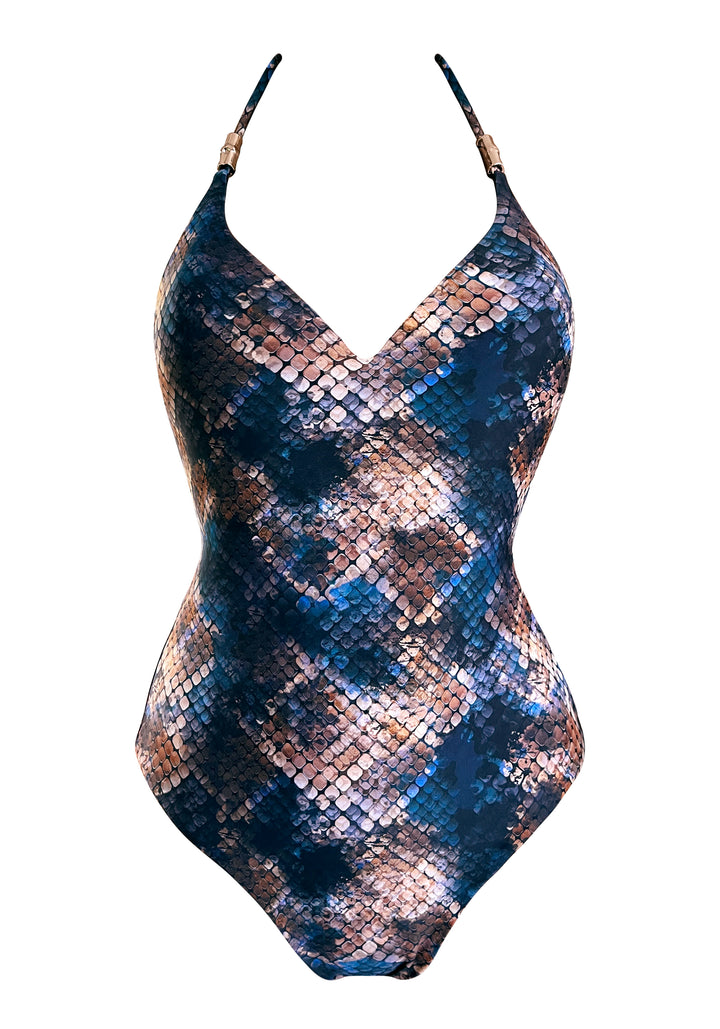 Mosaic Snake  V Neck One-piece w Bamboo Accessory and Removable Cups