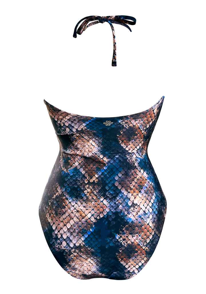 Mosaic Snake  V Neck One-piece w Bamboo Accessory and Removable Cups