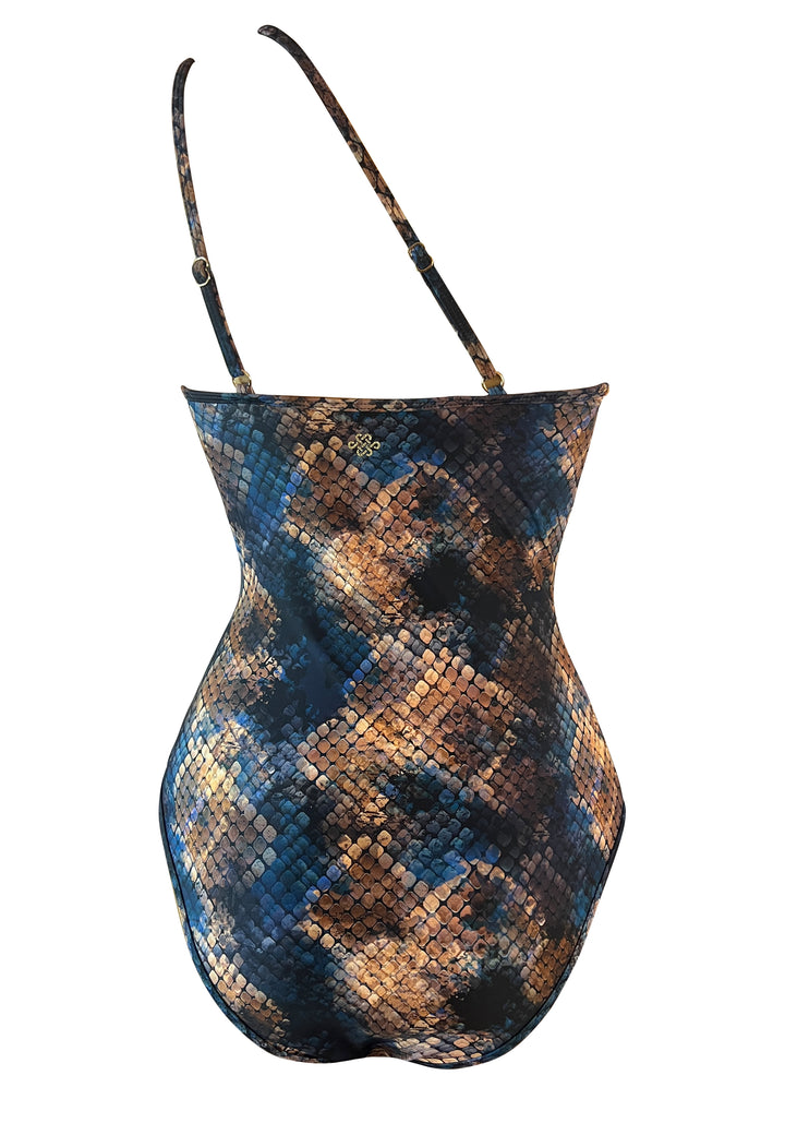 Mosaic Snake  Laced up One Shoulder One-piece w Removable cups