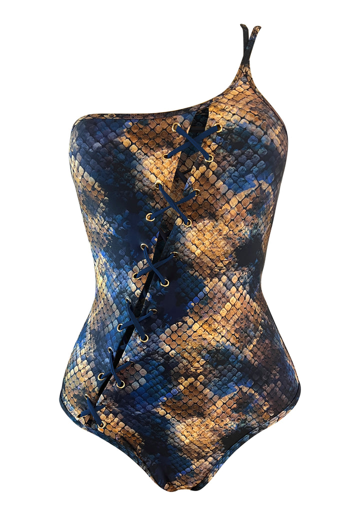 Mosaic Snake  Laced up One Shoulder One-piece w Removable cups