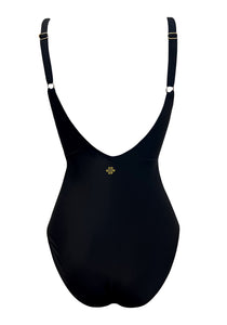 Schwarzer Cheetah Wrap Onepiece mit festen Cups und verstellbaren Trägern