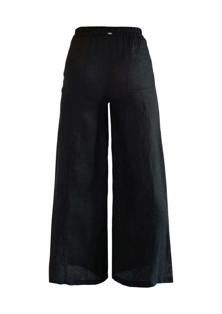 BLACK Wide Linen Pants w Slit Side - Resort Collection