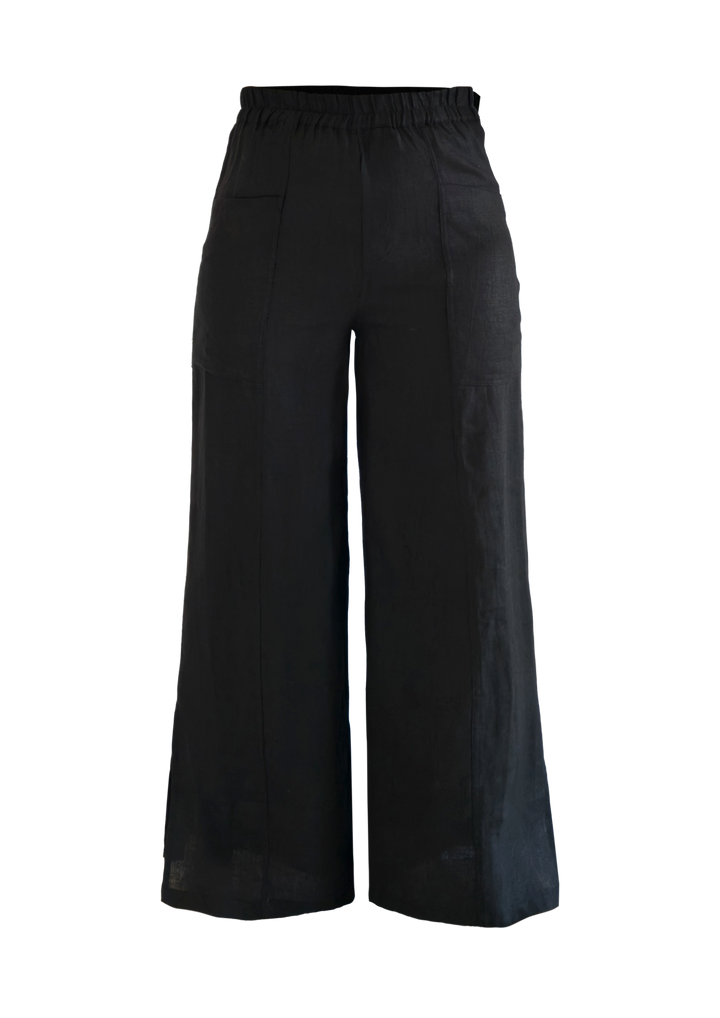 BLACK Wide Linen Pants w Slit Side - Resort Collection