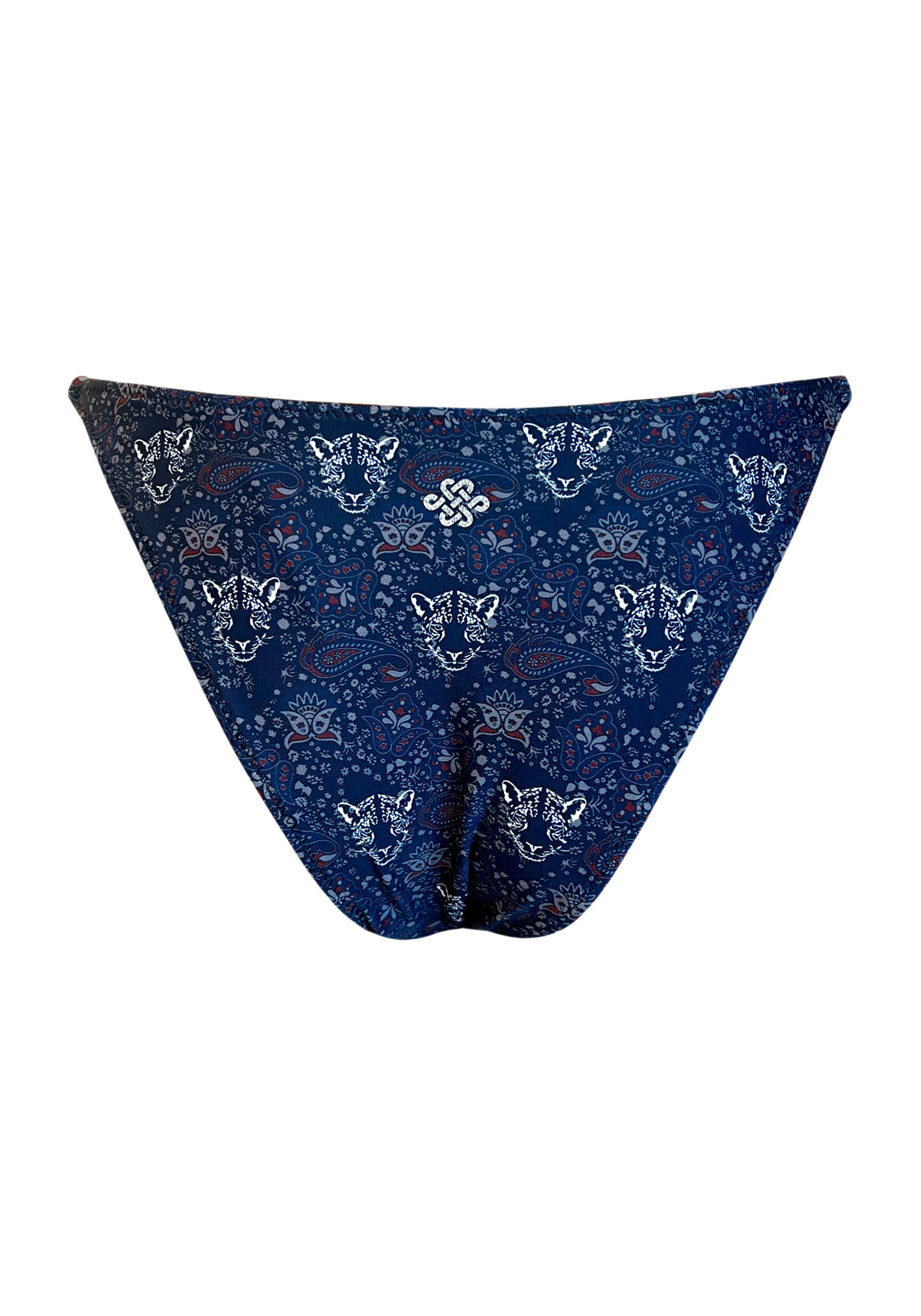 Marineblauer Panther Wende-Bikinihose mit lateinamerikanischer Krawatte an der Seite