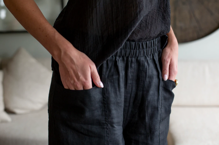 BLACK Wide Linen Pants w Slit Side - Resort Collection