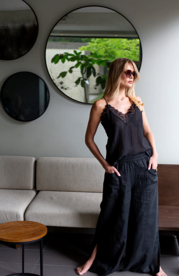 BLACK Wide Linen Pants w Slit Side - Resort Collection