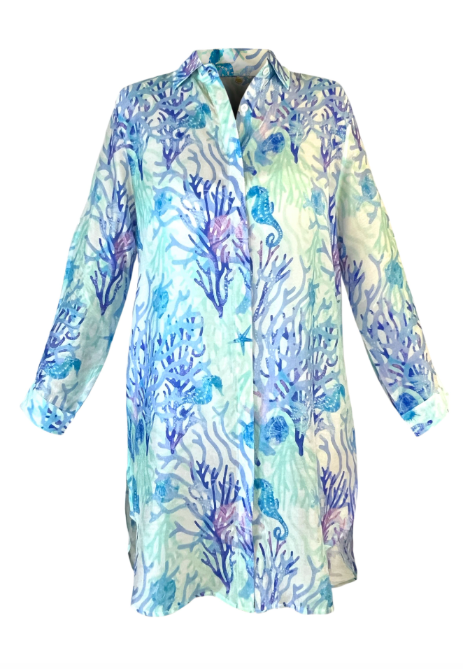 Coral Blue Tunic Shirt Dress - Resort Collection