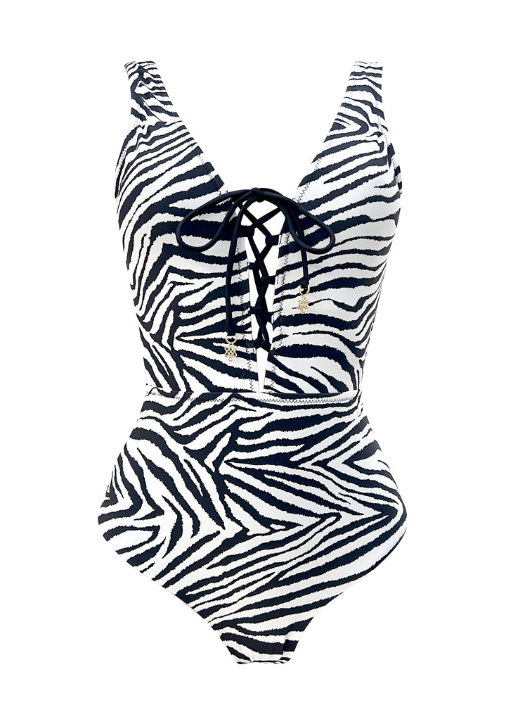 Stripes Deep Plunge Laceup Onepiece w